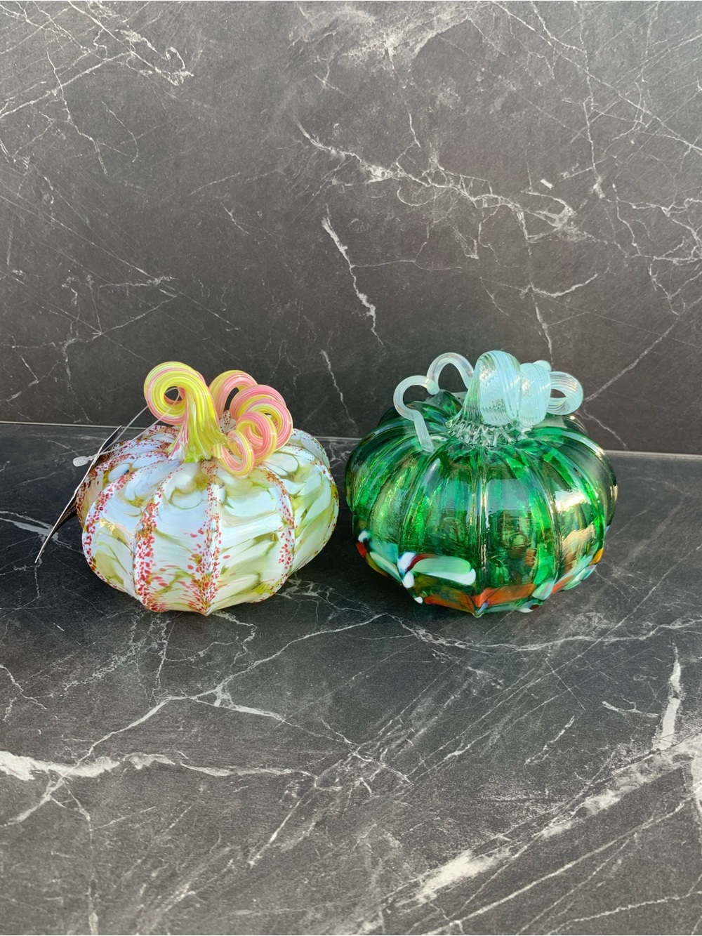 Luke Adams Handblown Art Glass Pumpkin Pair - Green and White